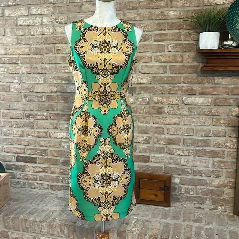 NWT WOMEN NEW YORK & COMPANY GOLD & GREEN MULTI STRETCH SHEATH DRESS SIZE S🔥